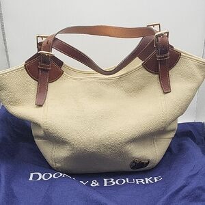 Dooney & Bourke Cream Leather Shoulder Tote with Brown Trim